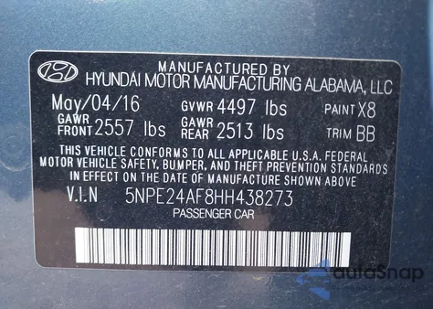 2017 Hyundai Sonata Se из США, поврежденный, VIN 5NPE24AF8HH438273